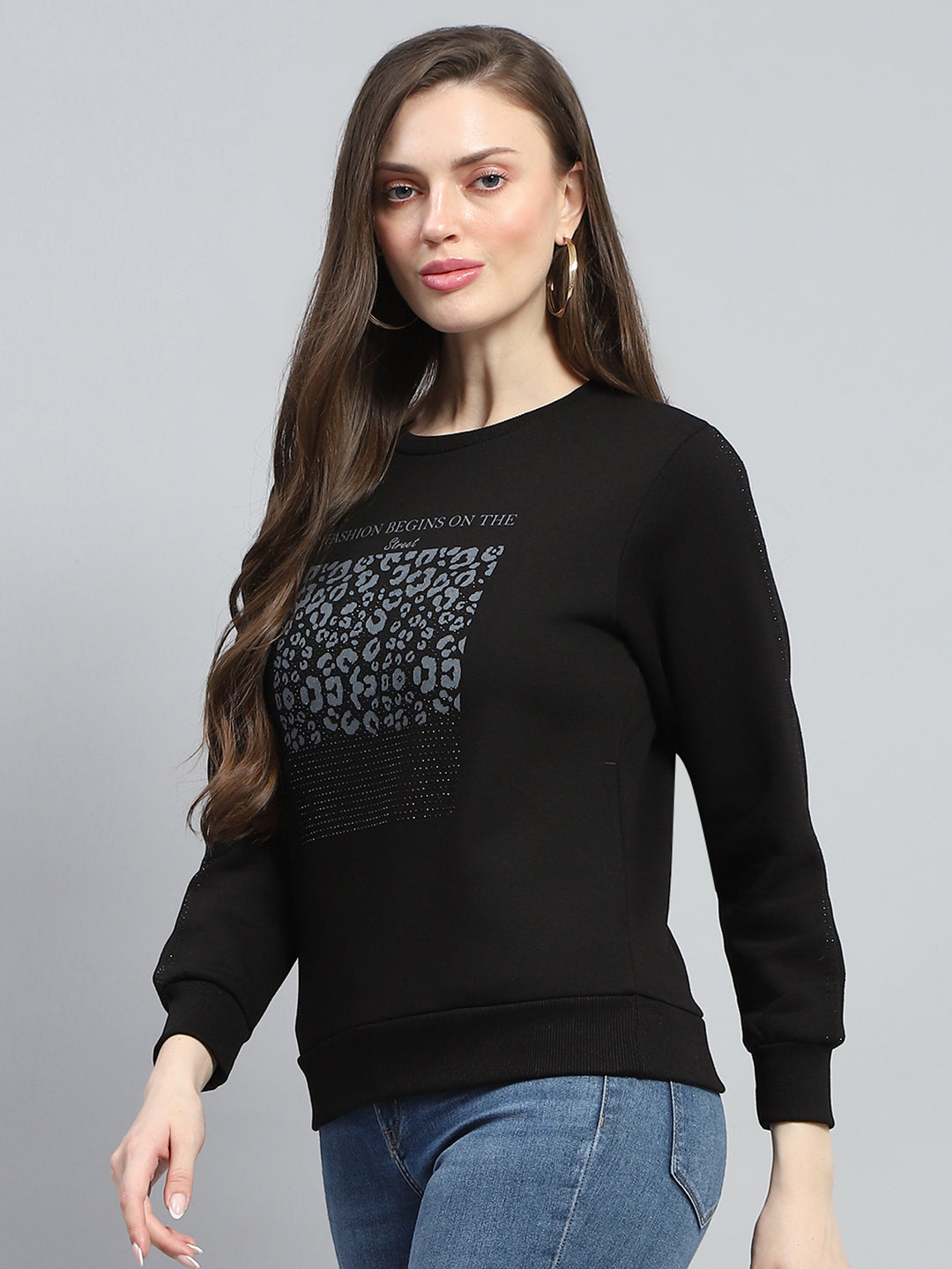 Women Black Printed Round Neck Full Sleeve Sweatshirt