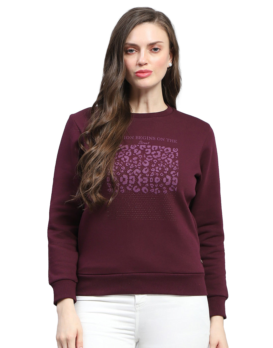 Women Burgundy Printed Round Neck Full Sleeve Sweatshirt