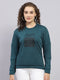 Women Dark Green Printed Round Neck Full Sleeve Sweatshirt