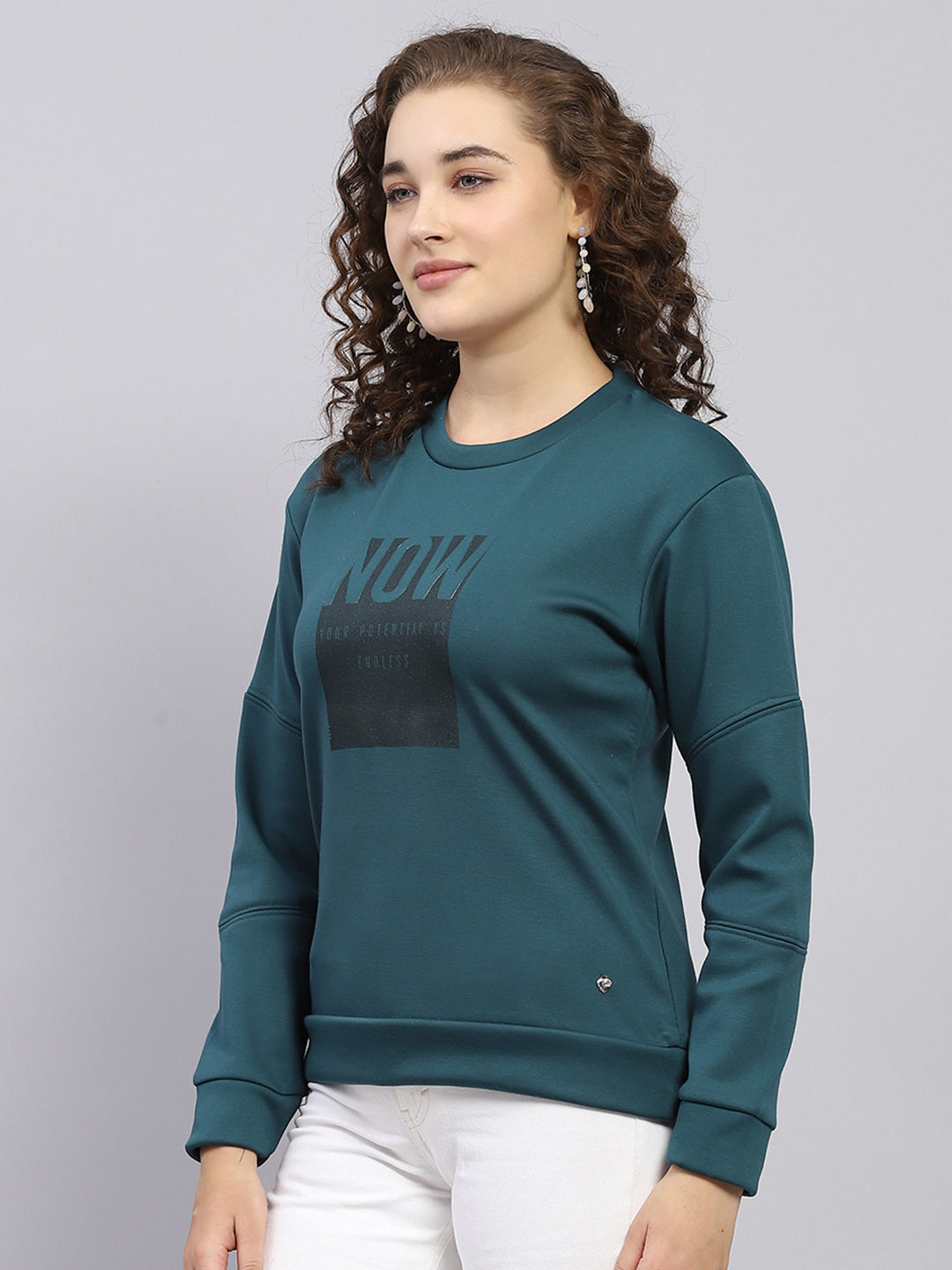 Women Dark Green Printed Round Neck Full Sleeve Sweatshirt