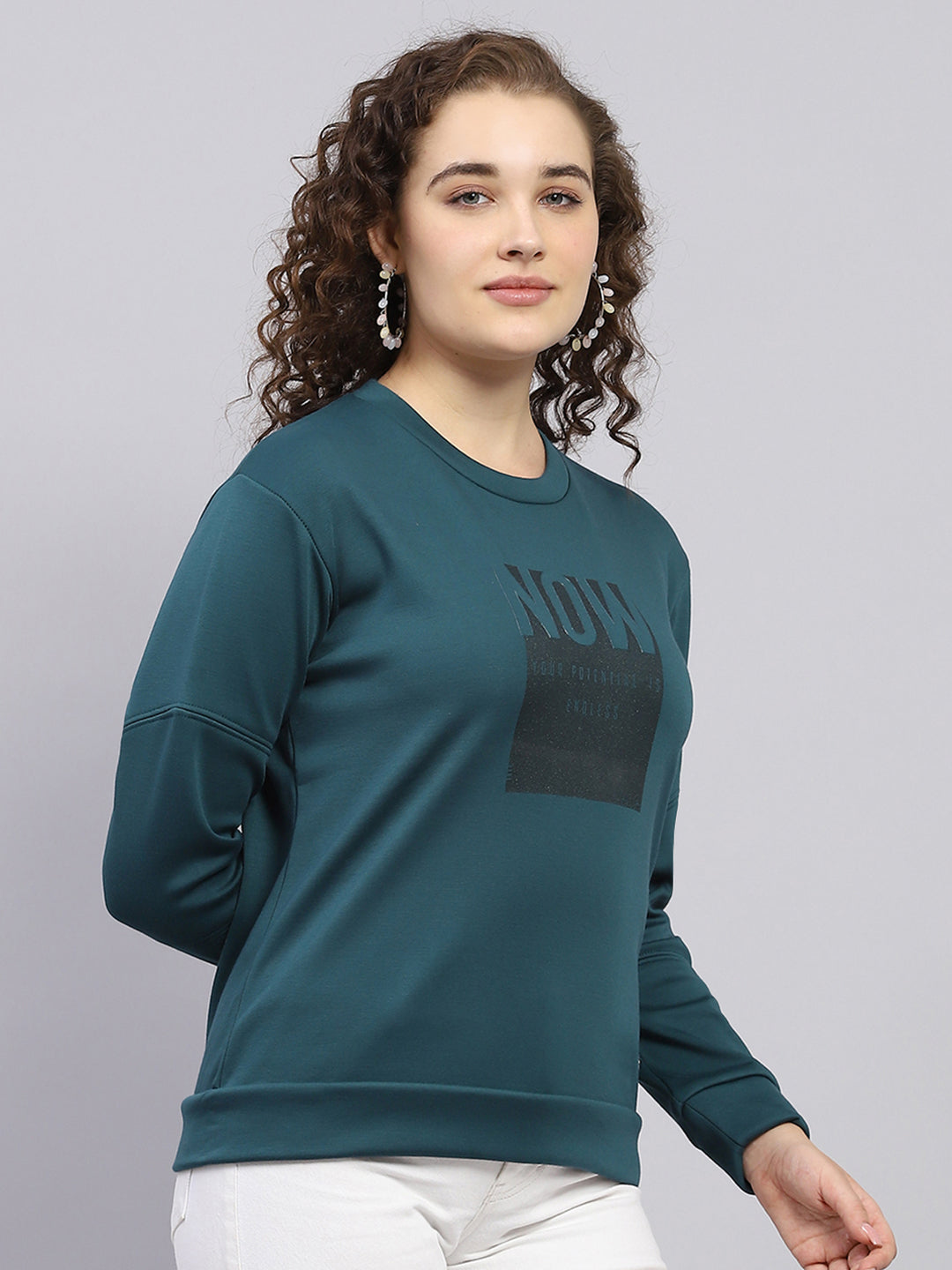 Women Dark Green Printed Round Neck Full Sleeve Sweatshirt
