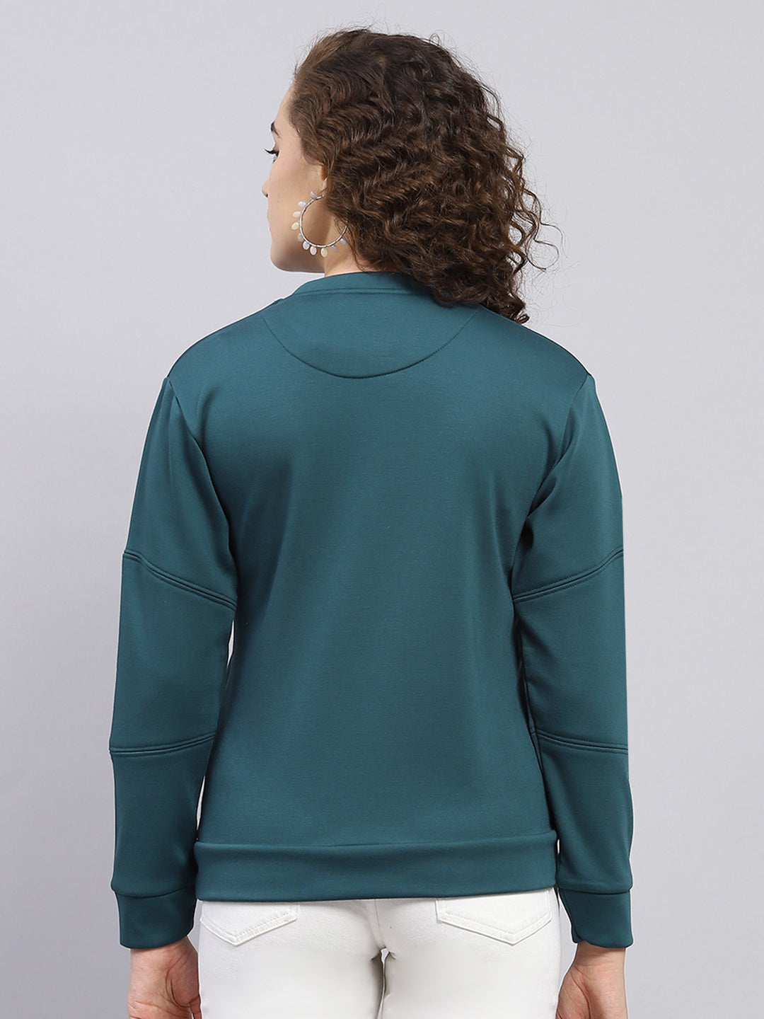 Women Dark Green Printed Round Neck Full Sleeve Sweatshirt