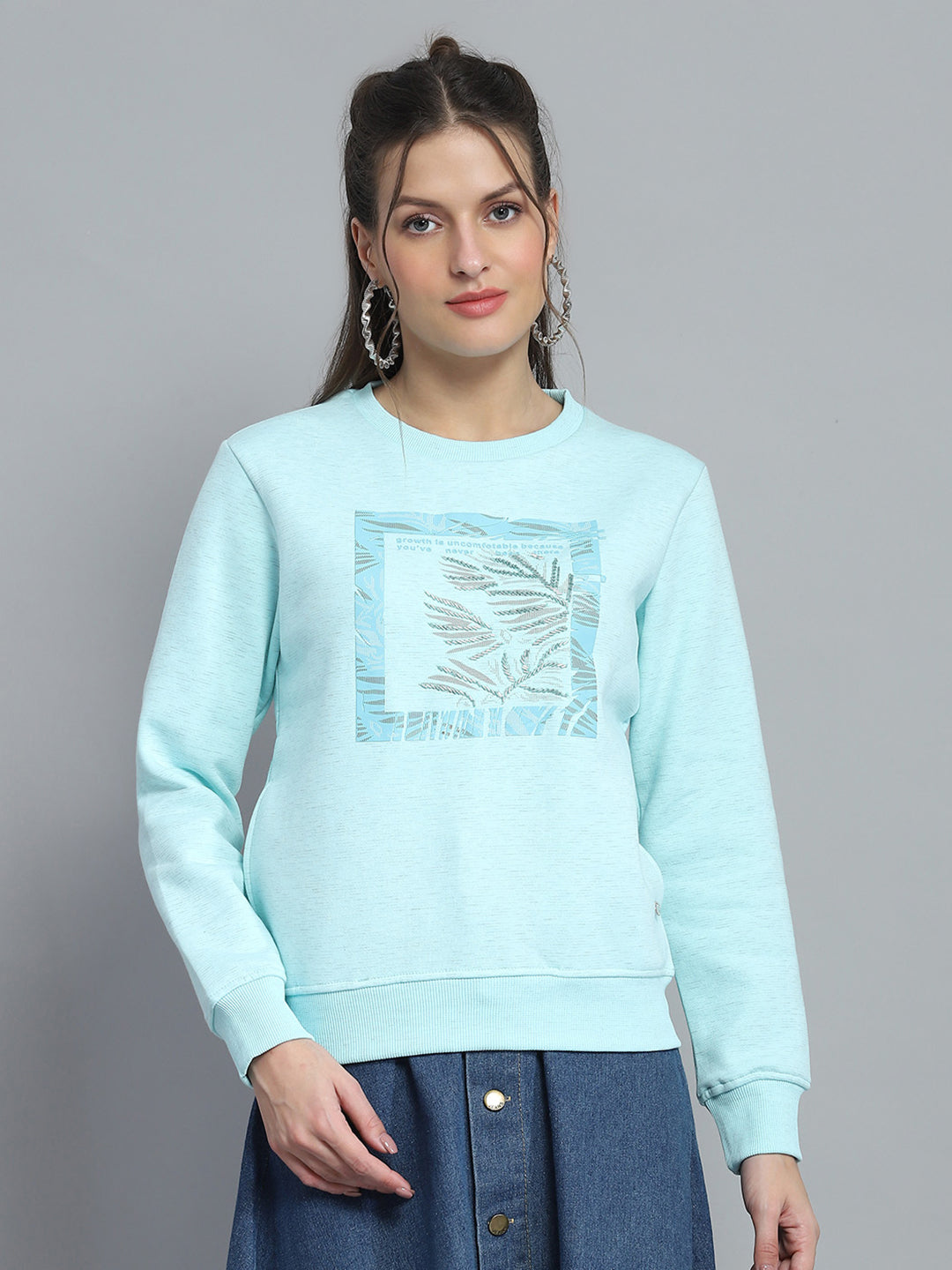 Women Blue Printed Round Neck Full Sleeve Sweatshirt