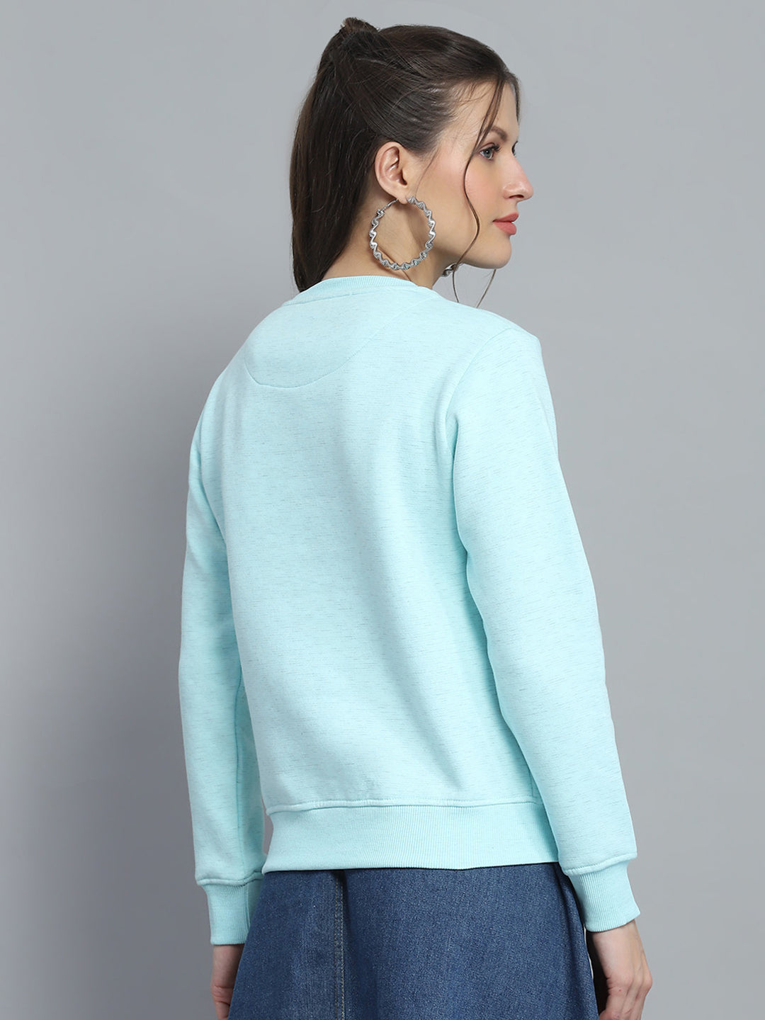 Women Blue Printed Round Neck Full Sleeve Sweatshirt