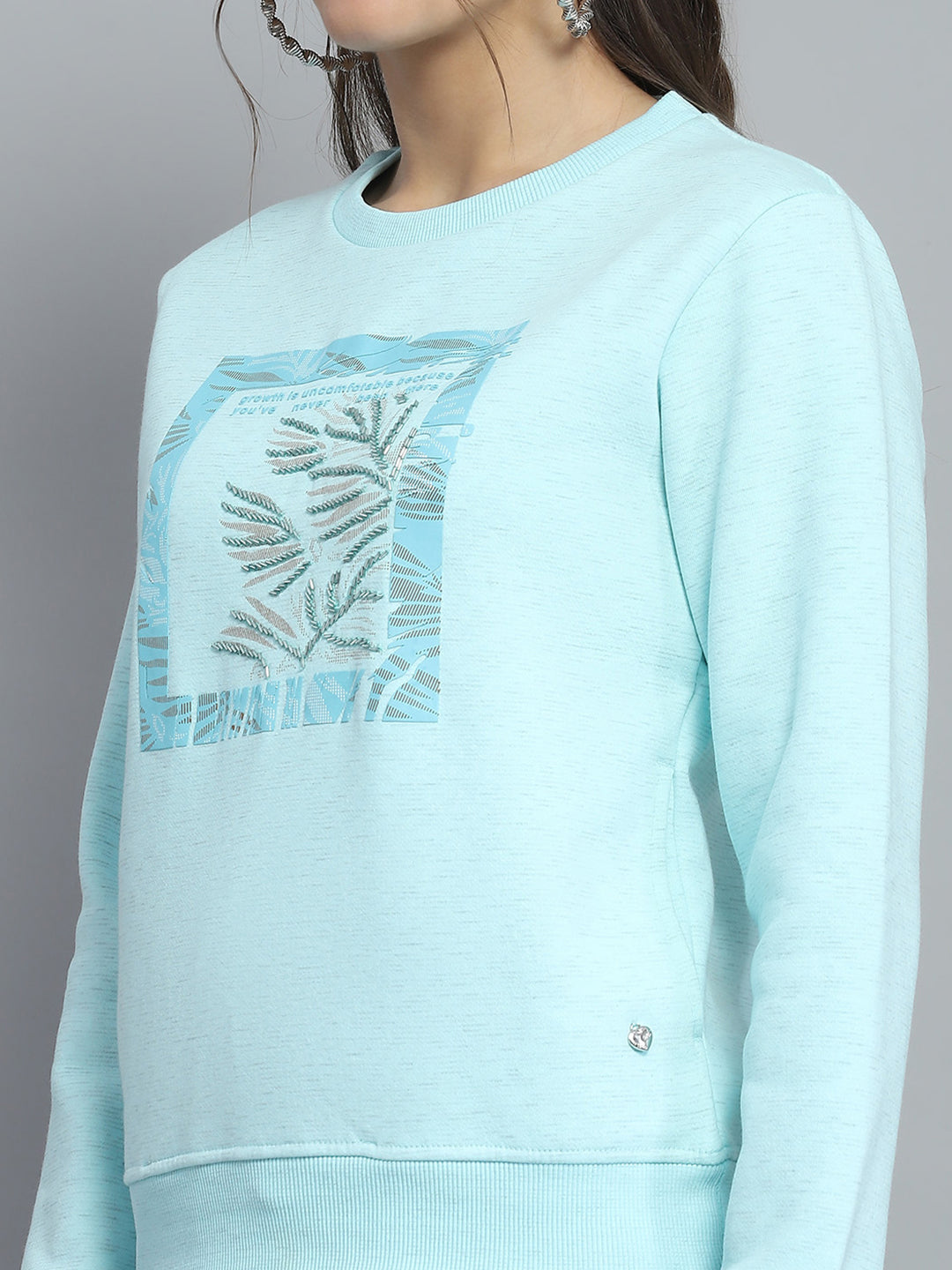 Women Blue Printed Round Neck Full Sleeve Sweatshirt