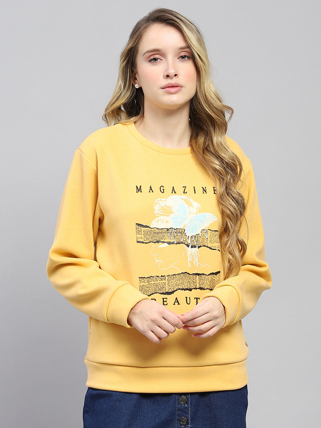 Women Yellow Printed Round Neck Full Sleeve Sweatshirt