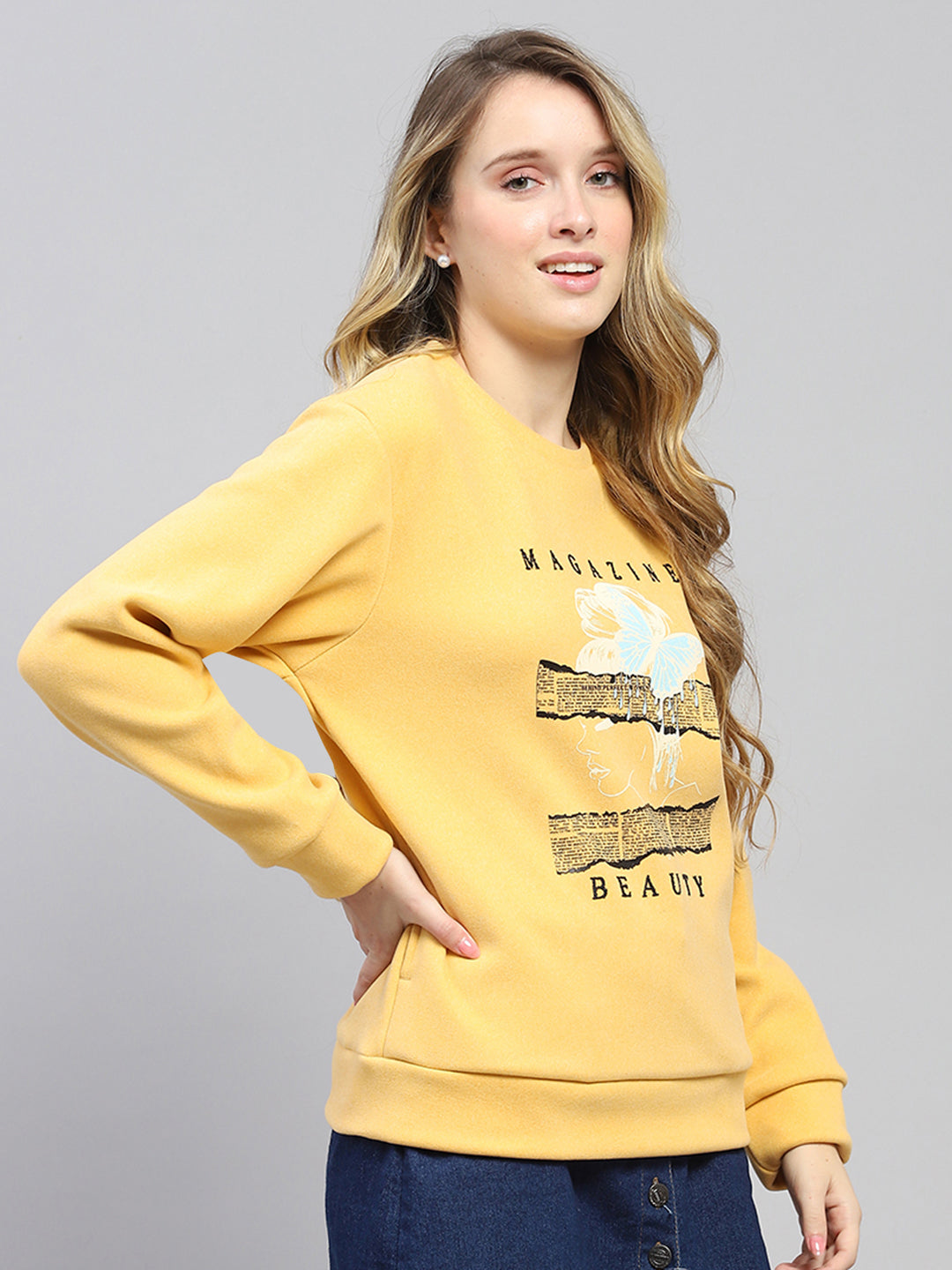 Women Yellow Printed Round Neck Full Sleeve Sweatshirt