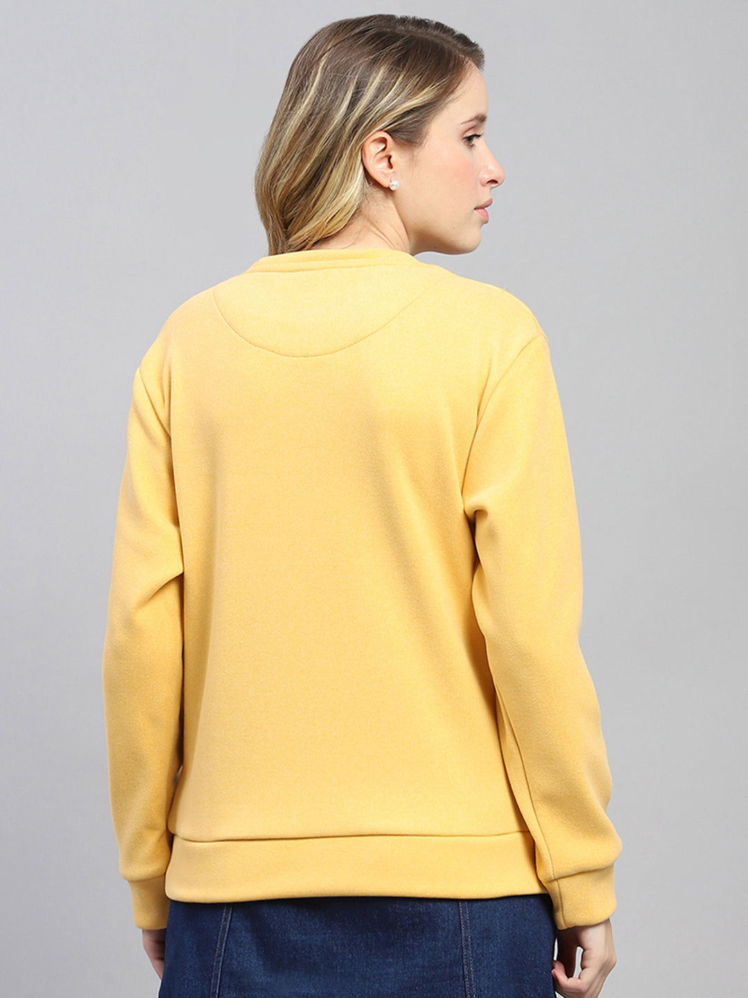 Women Yellow Printed Round Neck Full Sleeve Sweatshirt