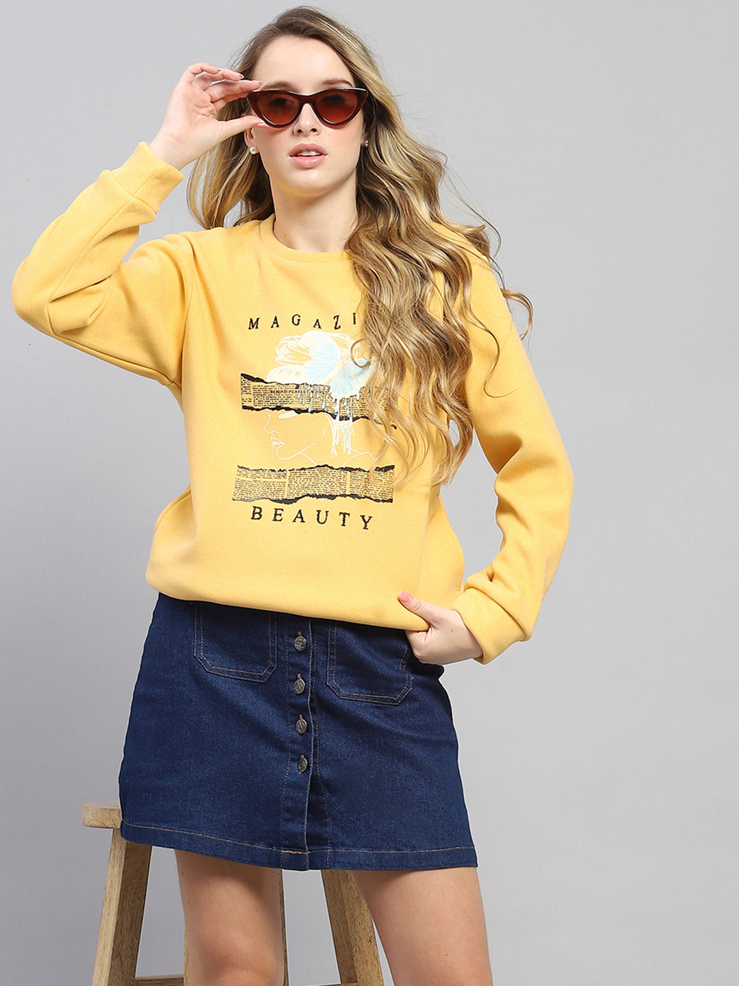 Women Yellow Printed Round Neck Full Sleeve Sweatshirt