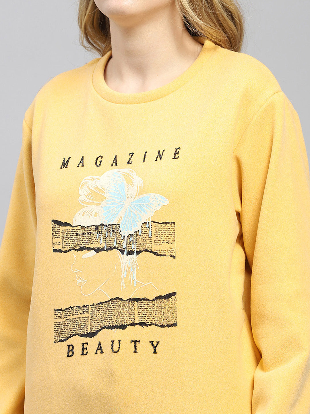 Women Yellow Printed Round Neck Full Sleeve Sweatshirt