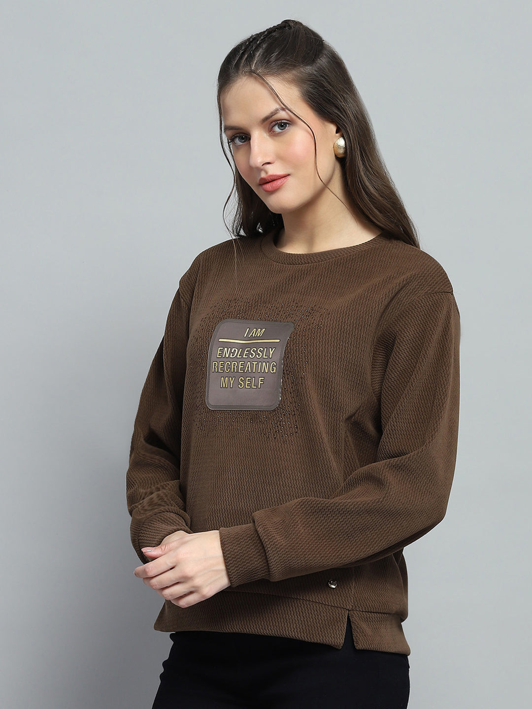 Women Brown Printed Round Neck Full Sleeve Sweatshirt