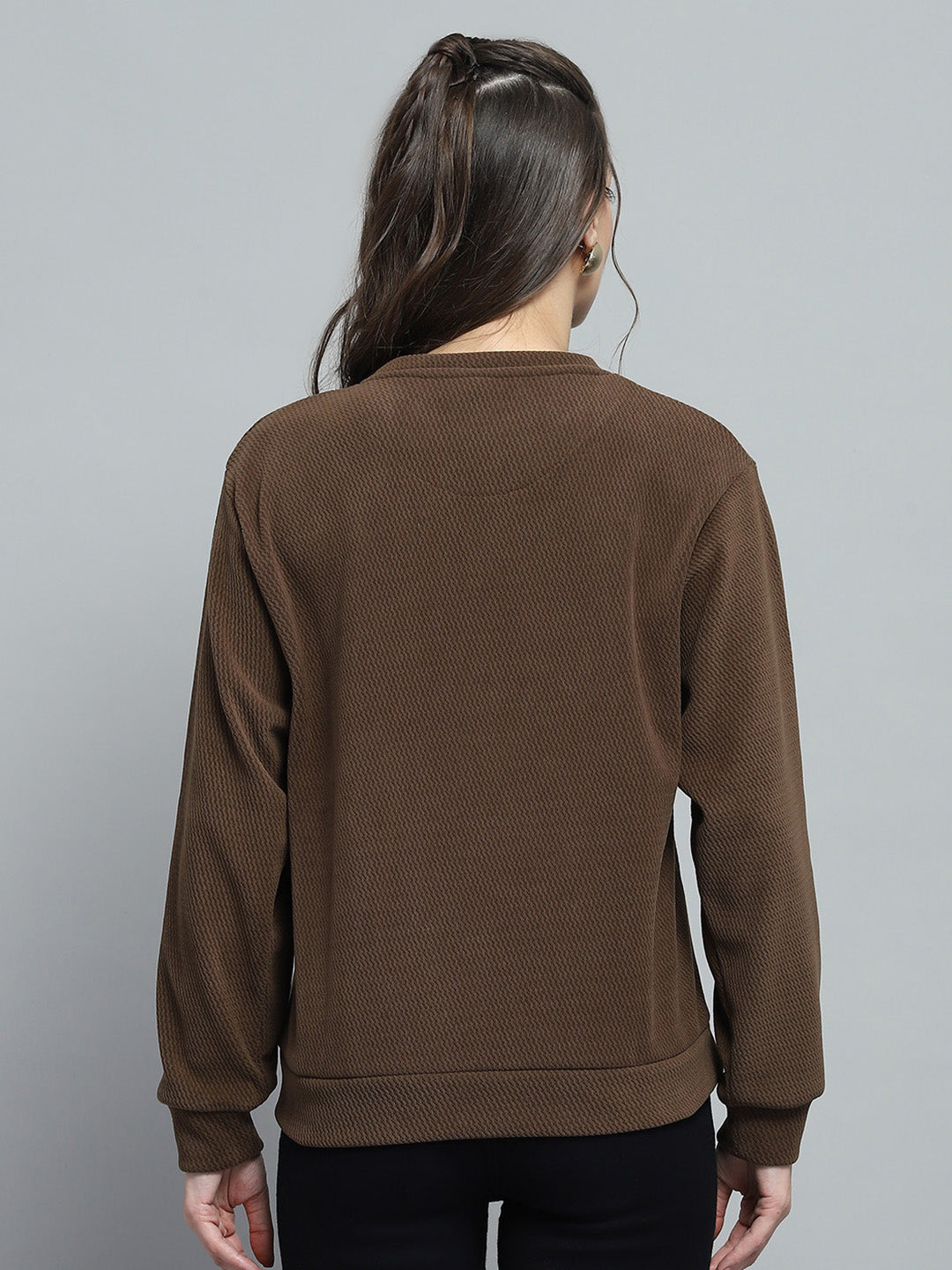 Women Brown Printed Round Neck Full Sleeve Sweatshirt