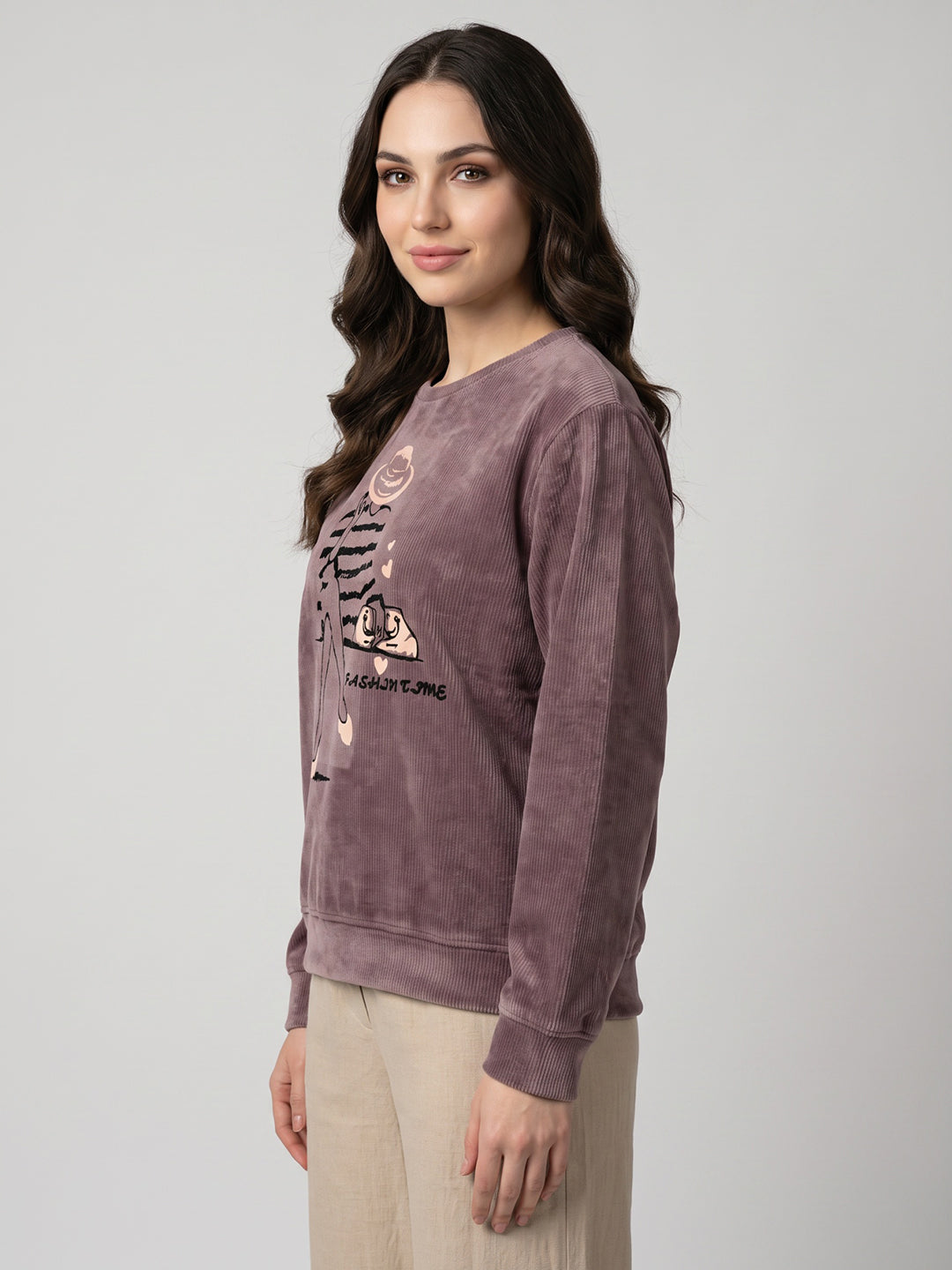 Women Mauve Printed Round Neck Full Sleeve Sweatshirt