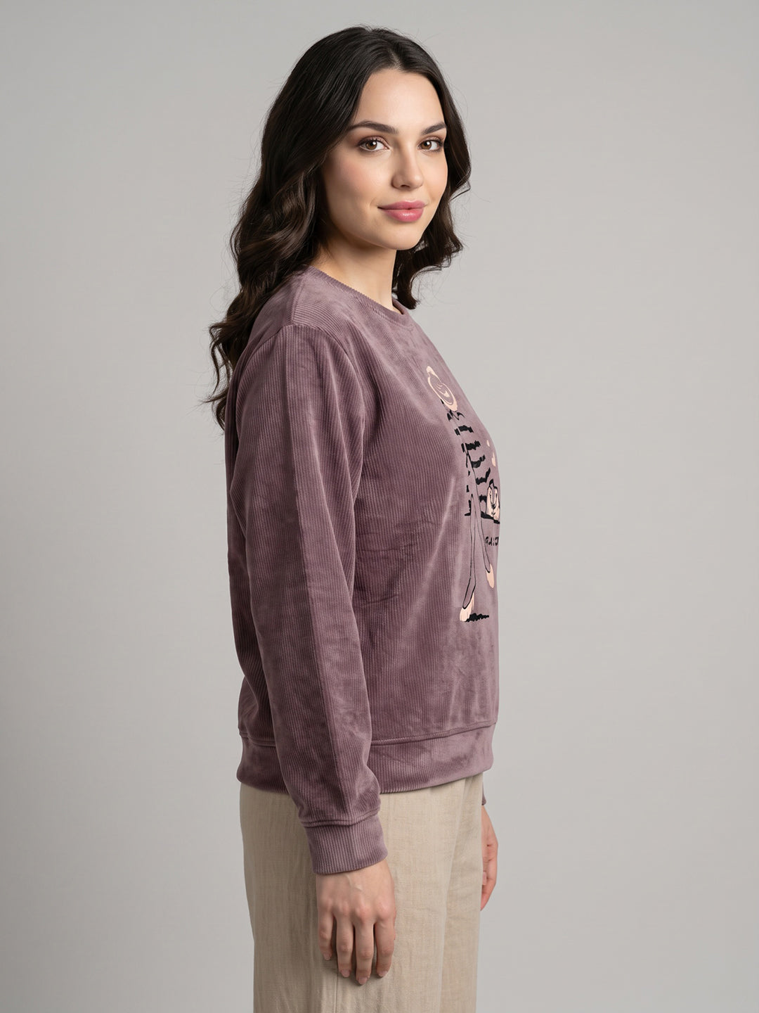 Women Mauve Printed Round Neck Full Sleeve Sweatshirt