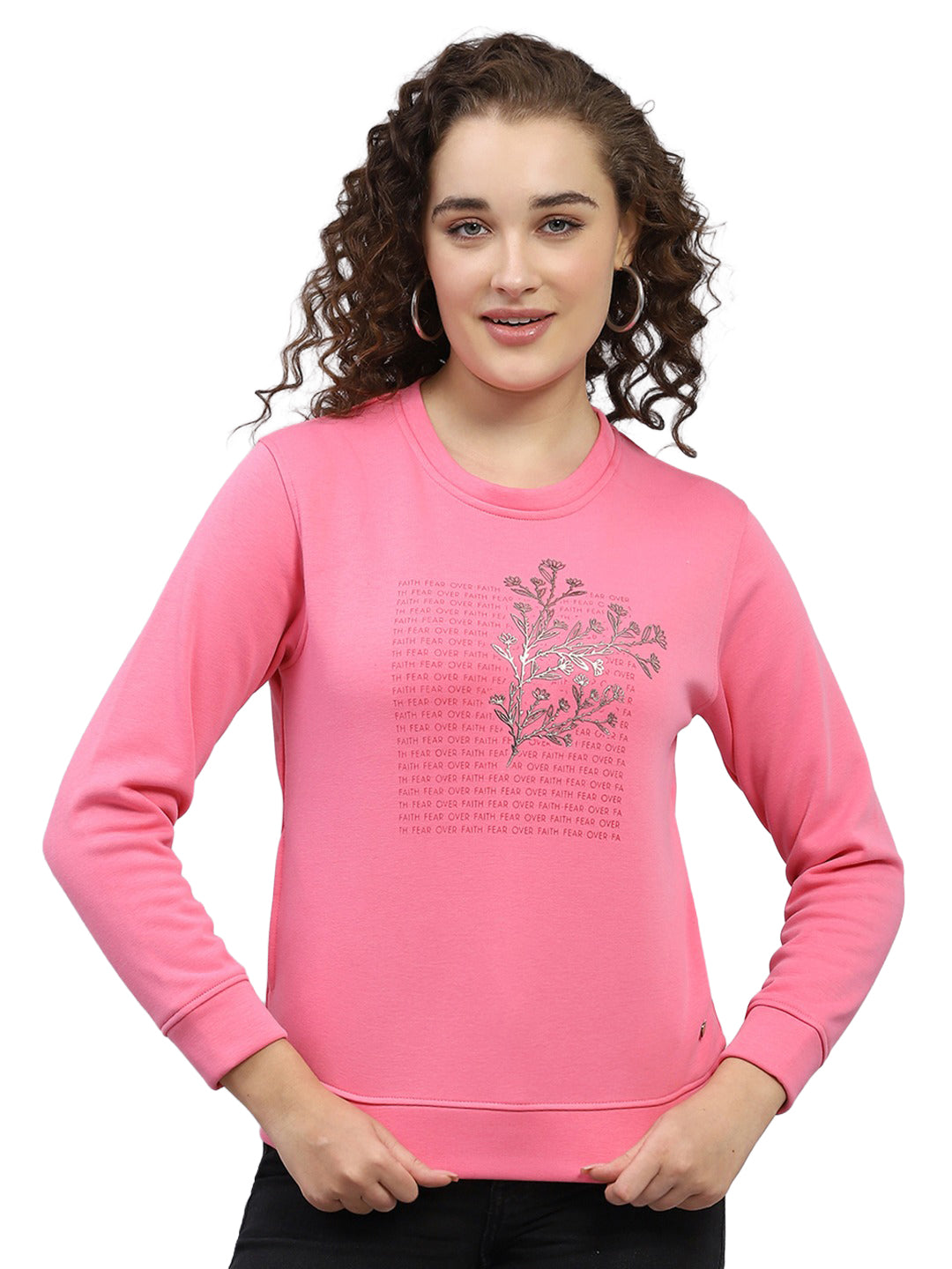 Women Pink Printed Round Neck Full Sleeve Sweatshirt