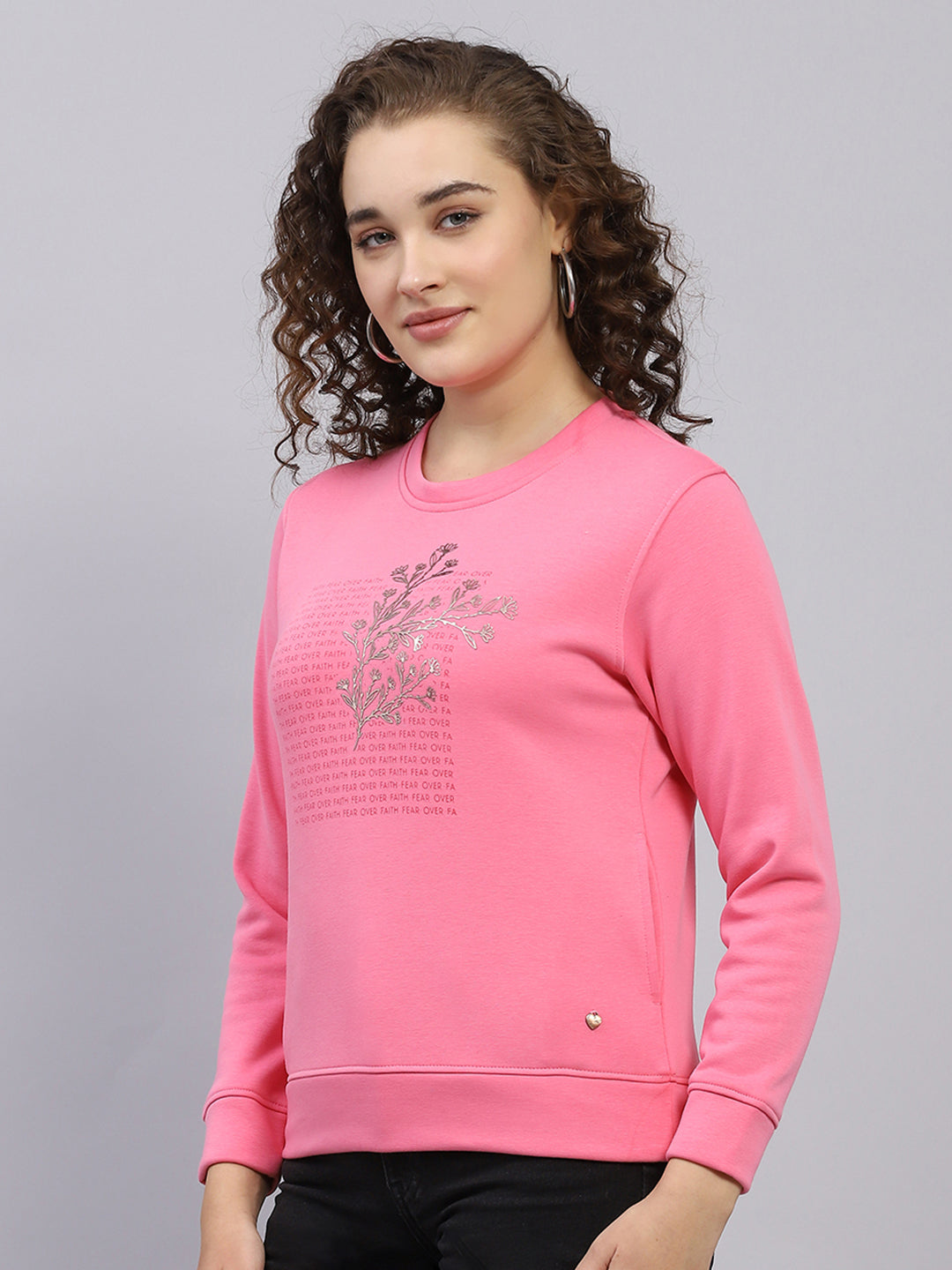 Women Pink Printed Round Neck Full Sleeve Sweatshirt