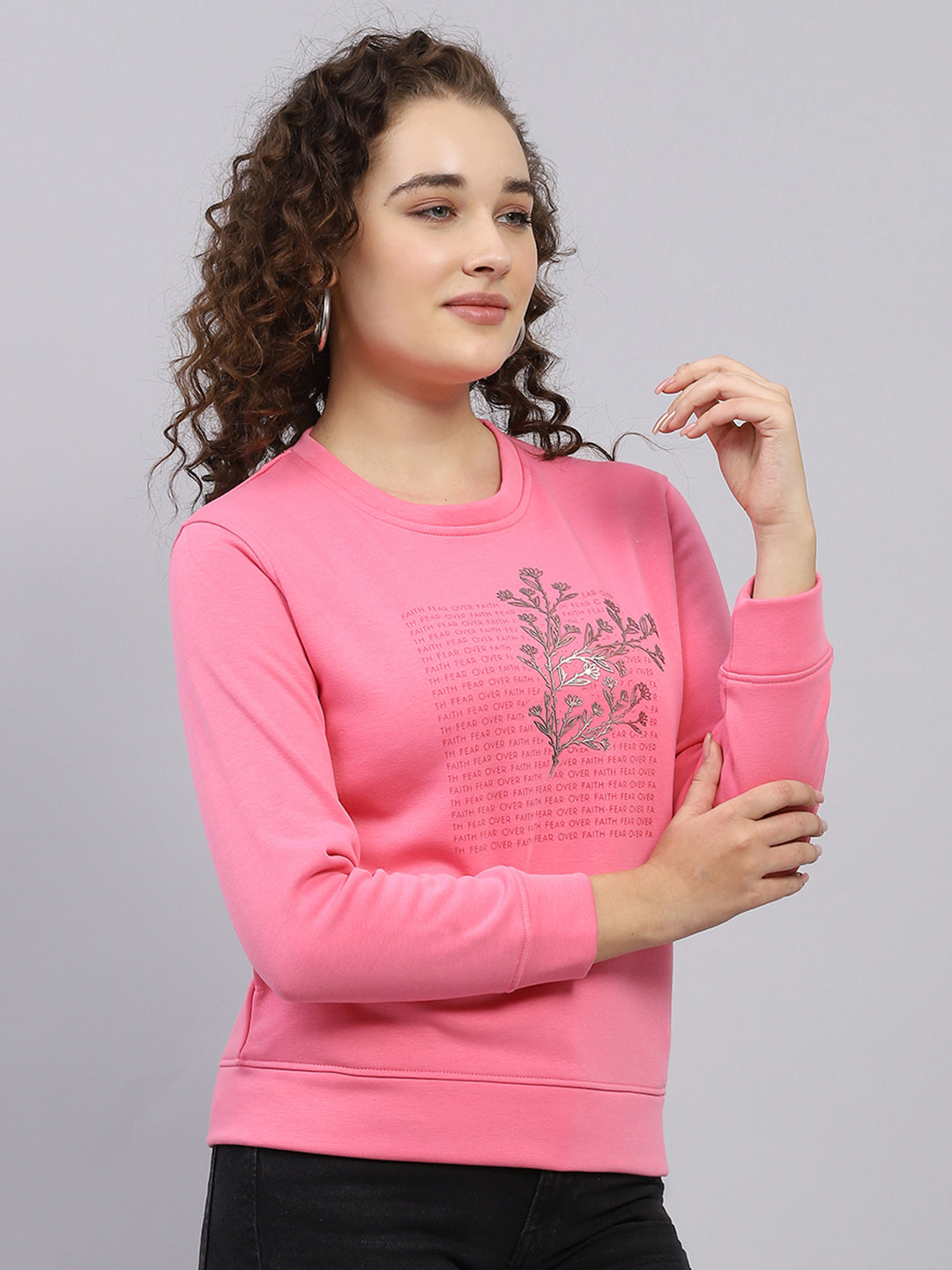 Women Pink Printed Round Neck Full Sleeve Sweatshirt
