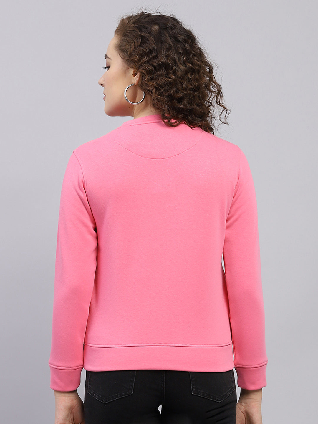 Women Pink Printed Round Neck Full Sleeve Sweatshirt