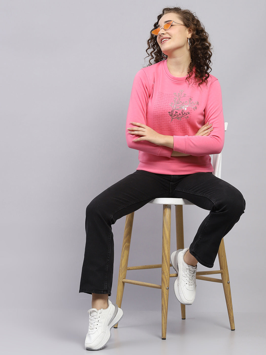 Women Pink Printed Round Neck Full Sleeve Sweatshirt