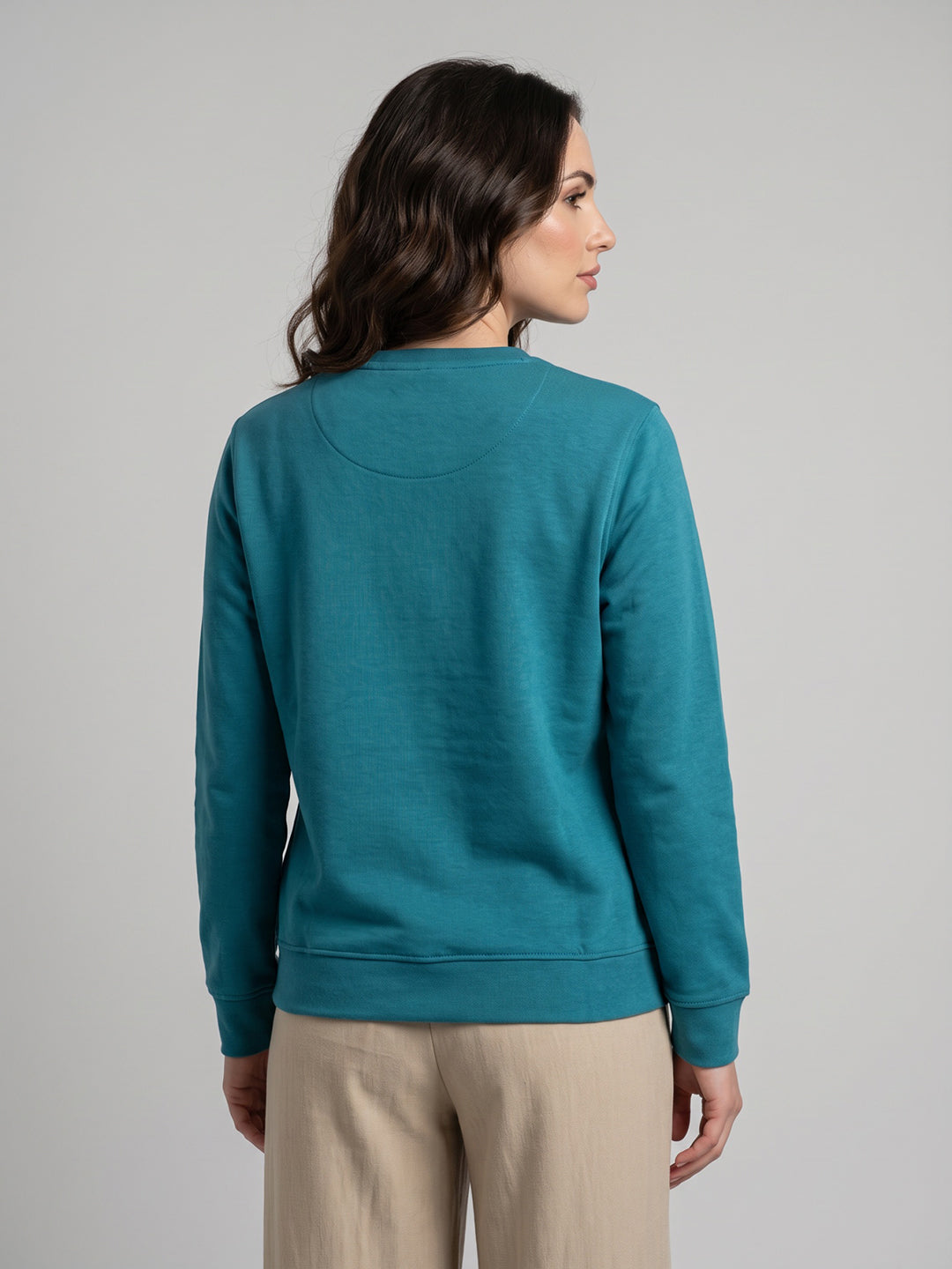Women Blue Embossed Pattern Round Neck Full Sleeve Sweatshirt
