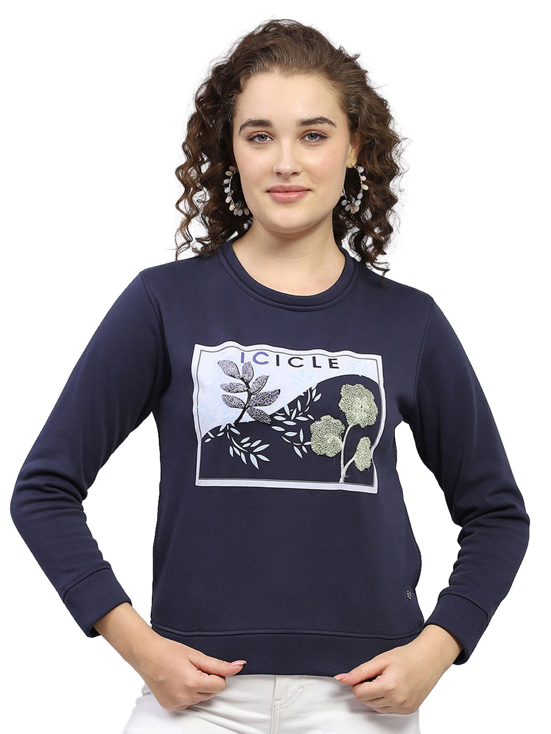 Women Navy Blue Printed Round Neck Full Sleeve Sweatshirt