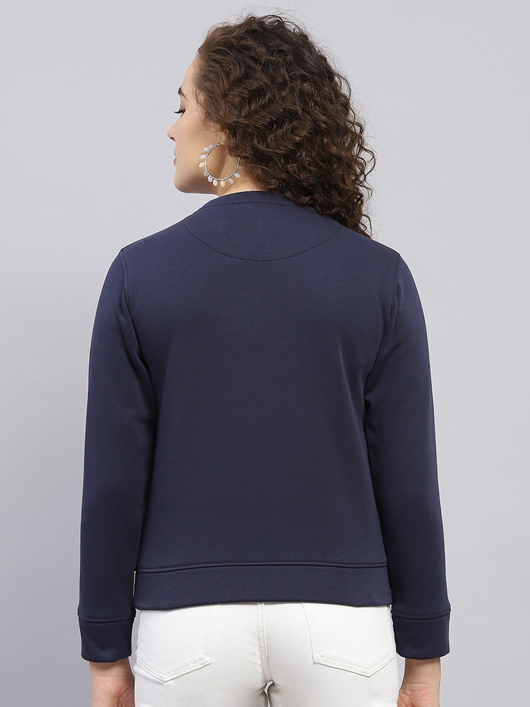 Women Navy Blue Printed Round Neck Full Sleeve Sweatshirt