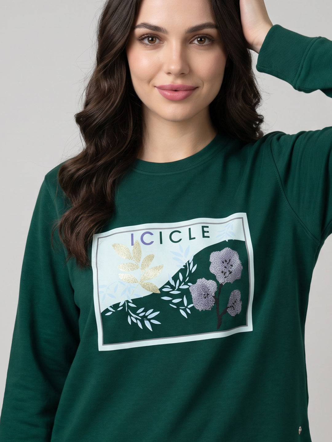 Women Green Geometric Round Neck Full Sleeve Sweatshirt