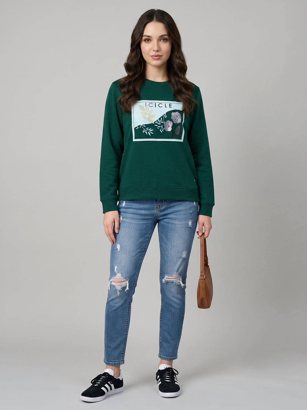 Women Green Geometric Round Neck Full Sleeve Sweatshirt