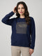 Women Navy Blue Self Design Round Neck Full Sleeve Sweatshirt