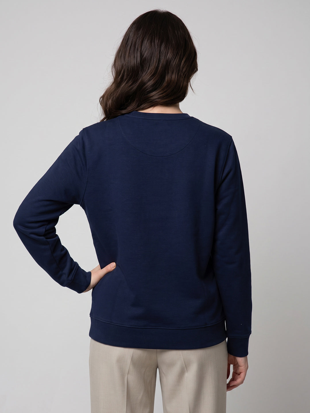 Women Navy Blue Self Design Round Neck Full Sleeve Sweatshirt