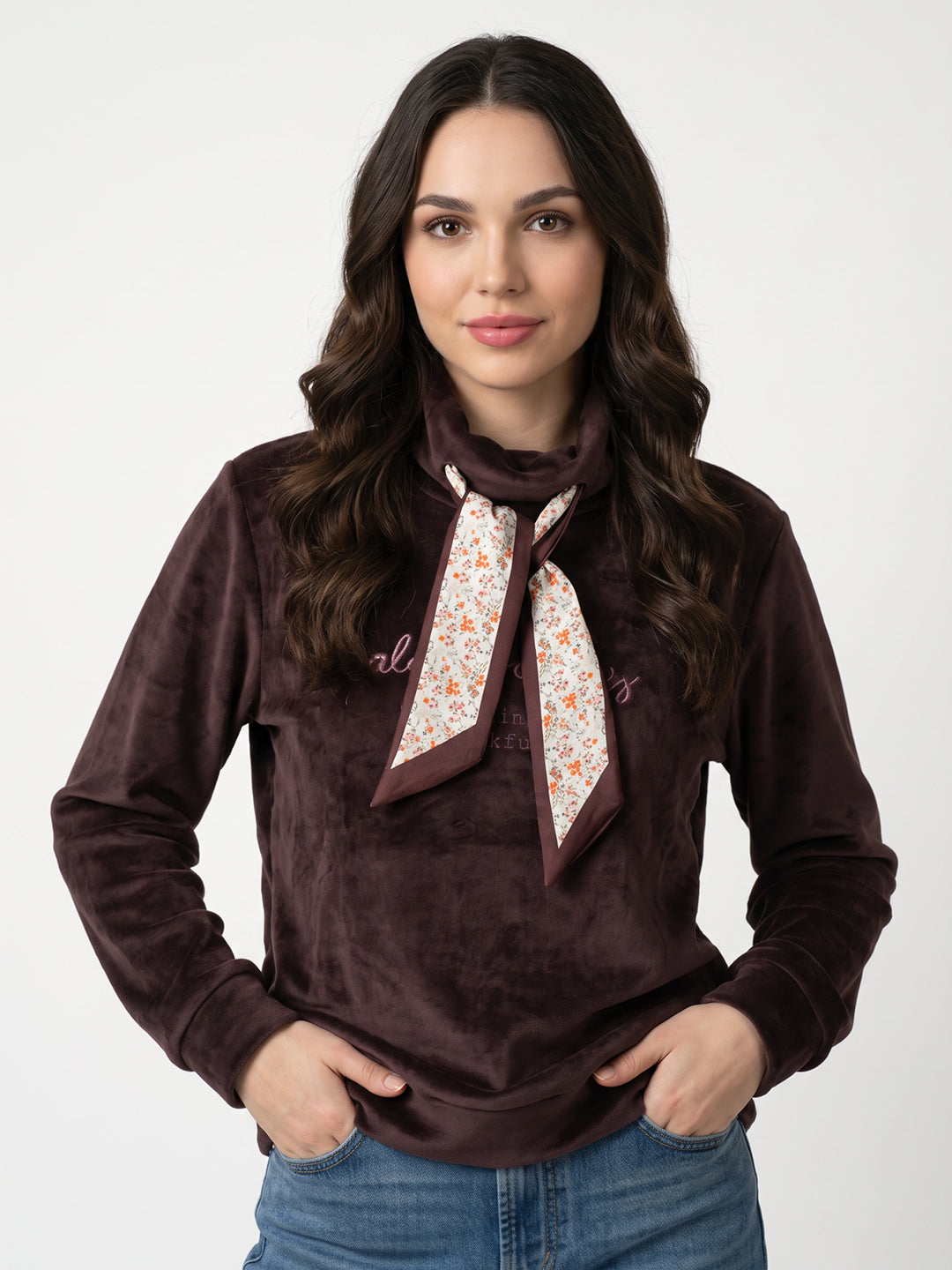 Women Maroon Embroidered High Neck Full Sleeve Sweatshirt