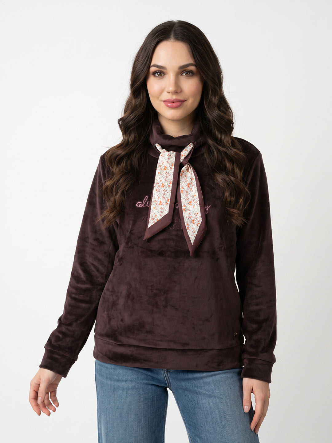 Women Maroon Embroidered High Neck Full Sleeve Sweatshirt