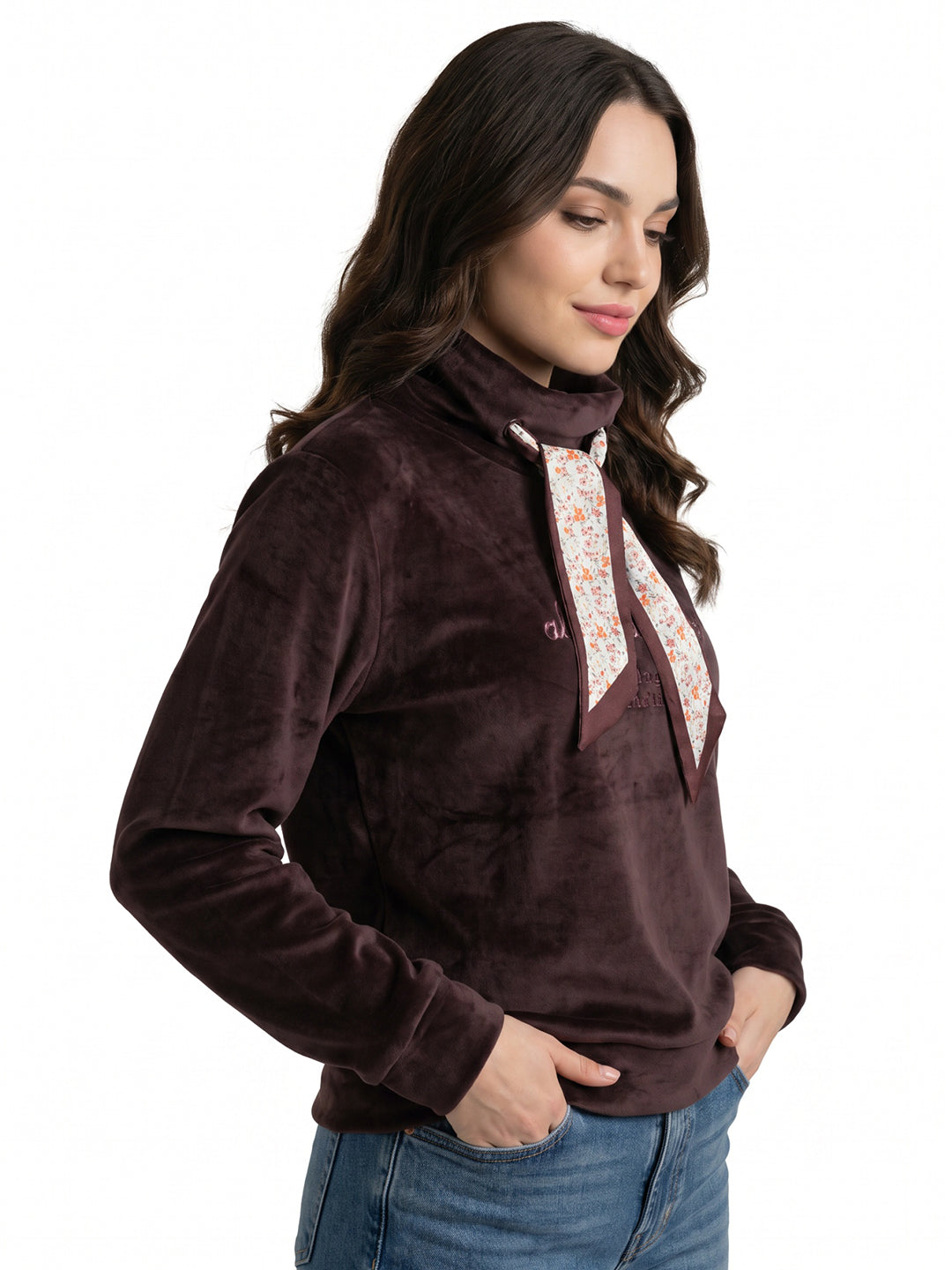 Women Maroon Embroidered High Neck Full Sleeve Sweatshirt
