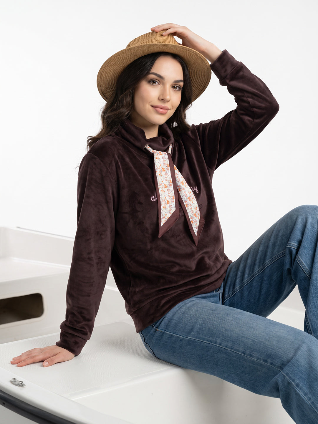 Women Maroon Embroidered High Neck Full Sleeve Sweatshirt