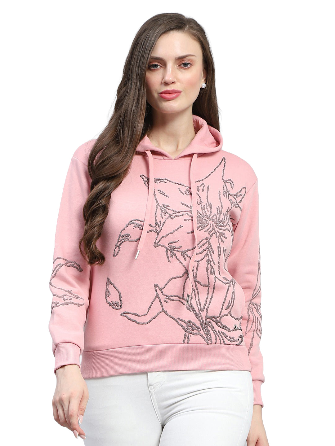 Women Pink Printed Hooded Full Sleeve Sweatshirt