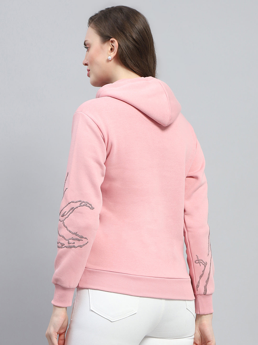 Women Pink Printed Hooded Full Sleeve Sweatshirt