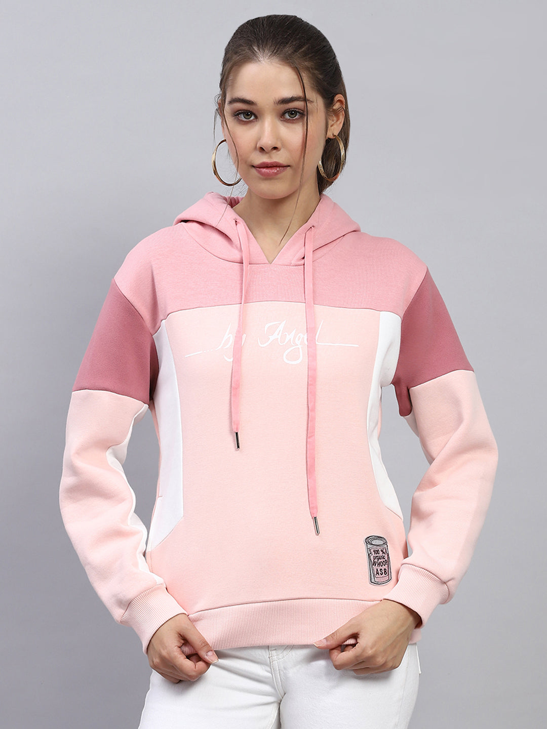 Women Pink Solid Hooded Full Sleeve Sweatshirt