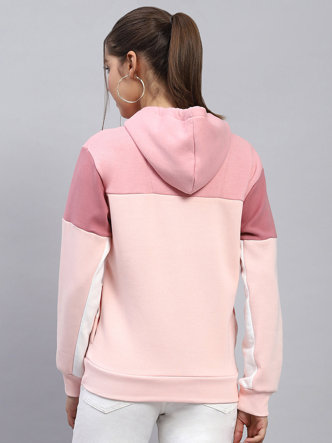 Women Pink Solid Hooded Full Sleeve Sweatshirt