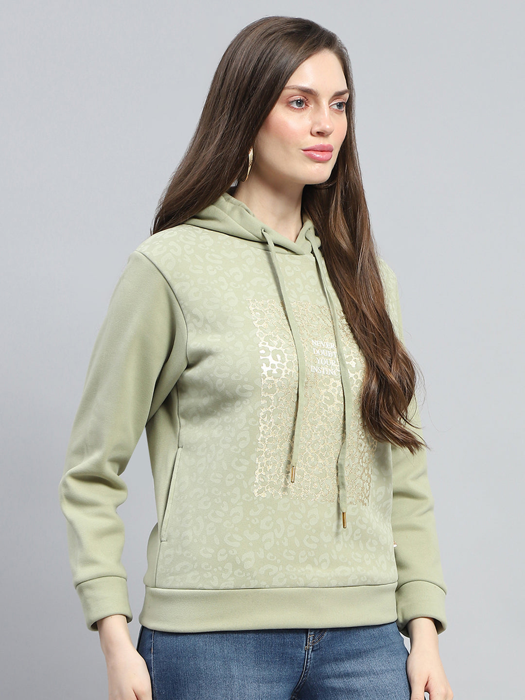 Women Green Printed Hooded Full Sleeve Sweatshirt