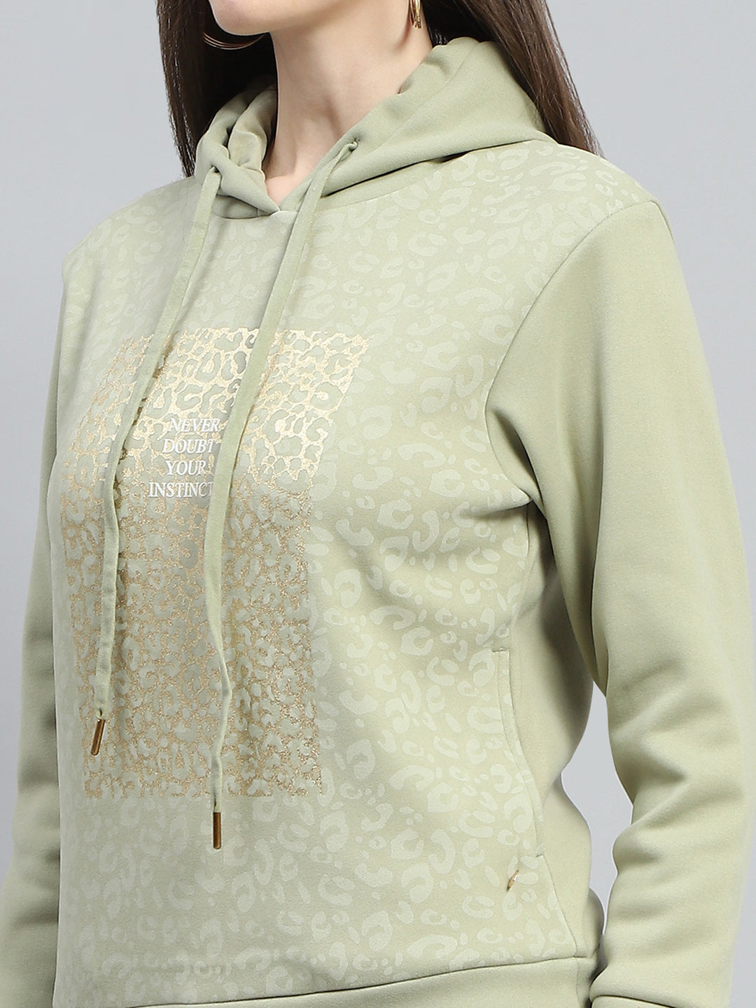 Women Green Printed Hooded Full Sleeve Sweatshirt