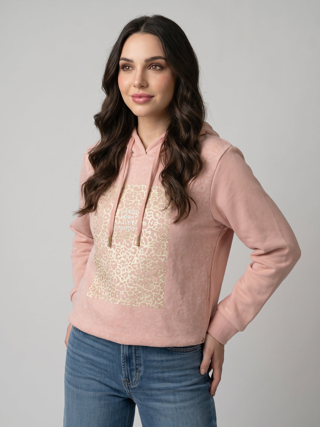 Women Peach Printed Hooded Full Sleeve Sweatshirt