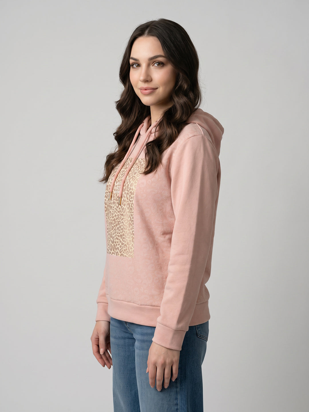 Women Peach Printed Hooded Full Sleeve Sweatshirt