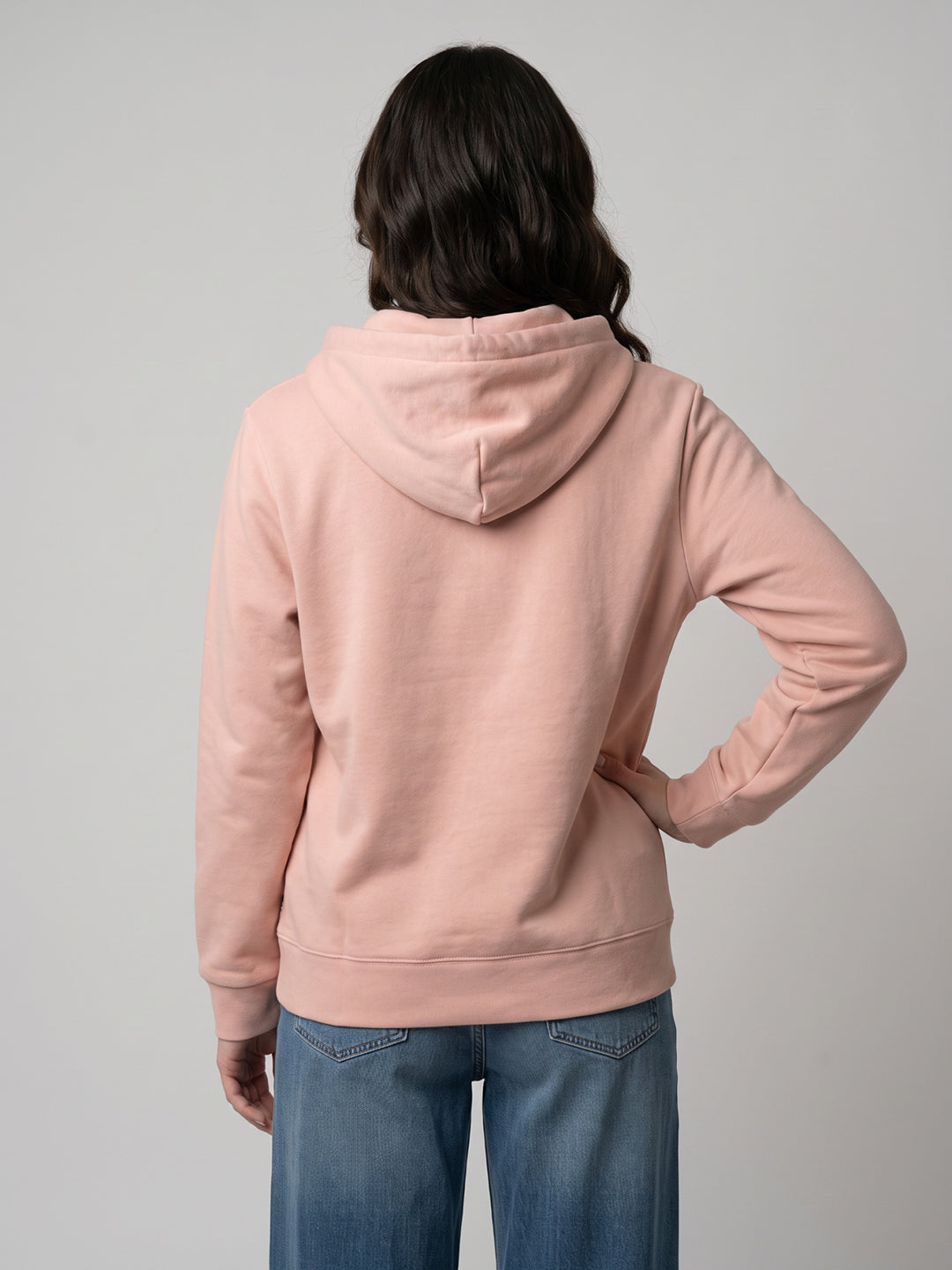 Women Peach Printed Hooded Full Sleeve Sweatshirt