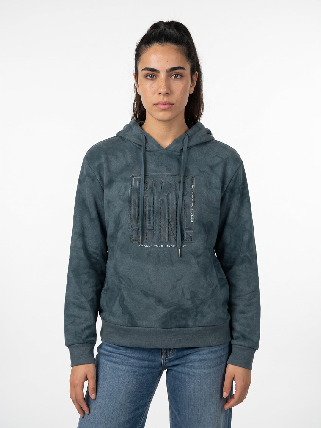 Women Blue Printed Hooded Full Sleeve Sweatshirt