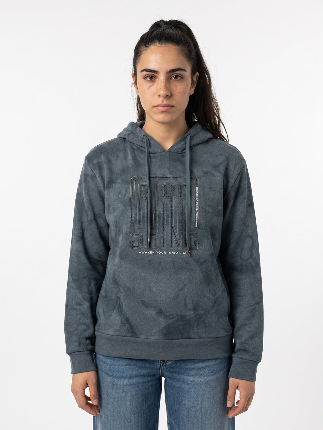 Women Blue Printed Hooded Full Sleeve Sweatshirt