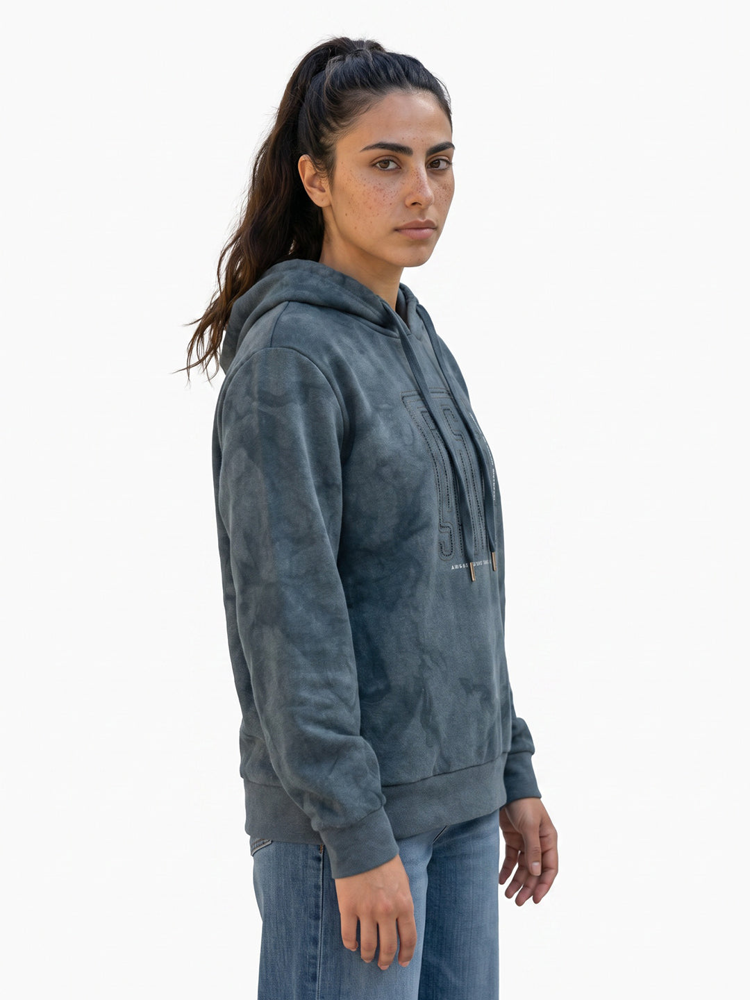 Women Blue Printed Hooded Full Sleeve Sweatshirt