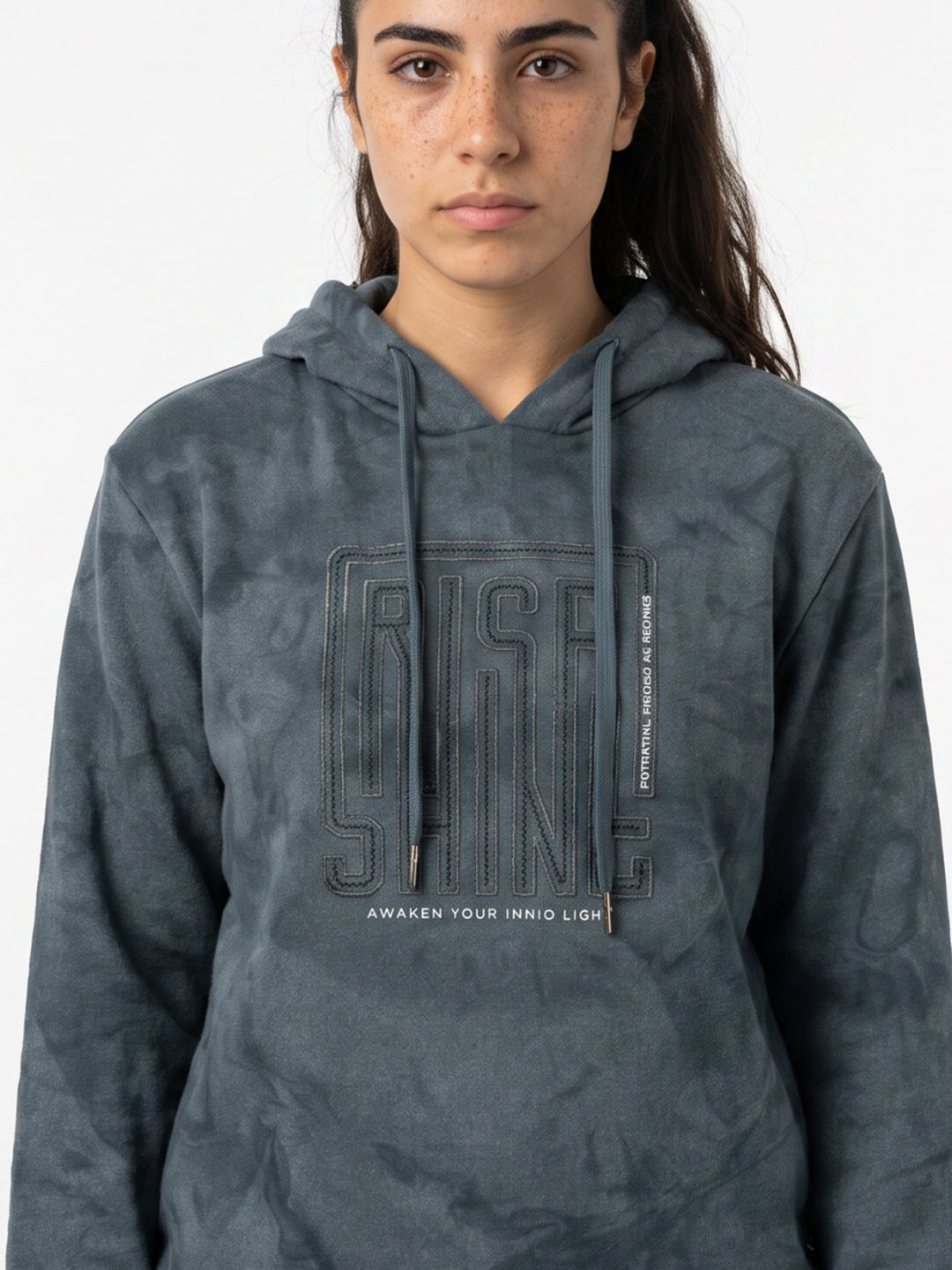 Women Blue Printed Hooded Full Sleeve Sweatshirt
