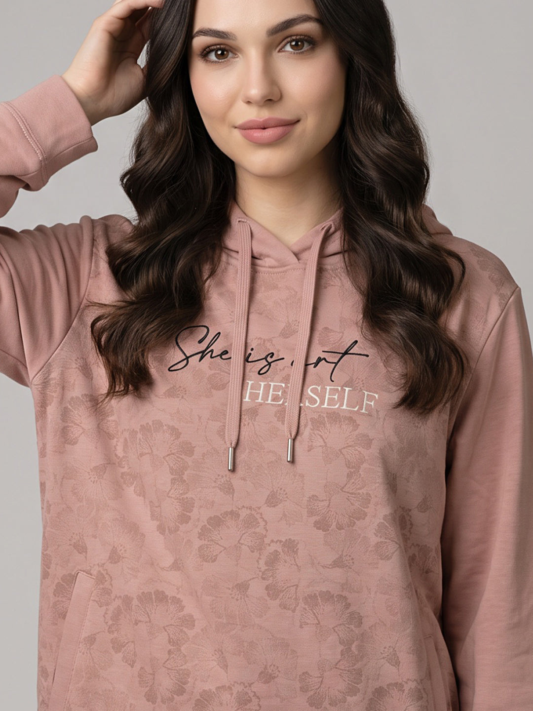 Women Peach Printed Hooded Full Sleeve Sweatshirt