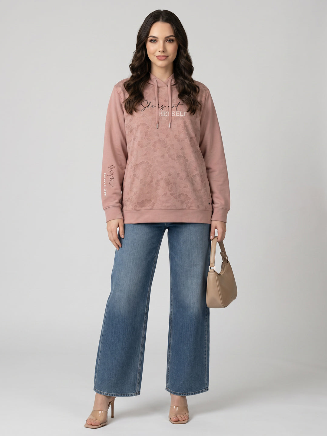 Women Peach Printed Hooded Full Sleeve Sweatshirt