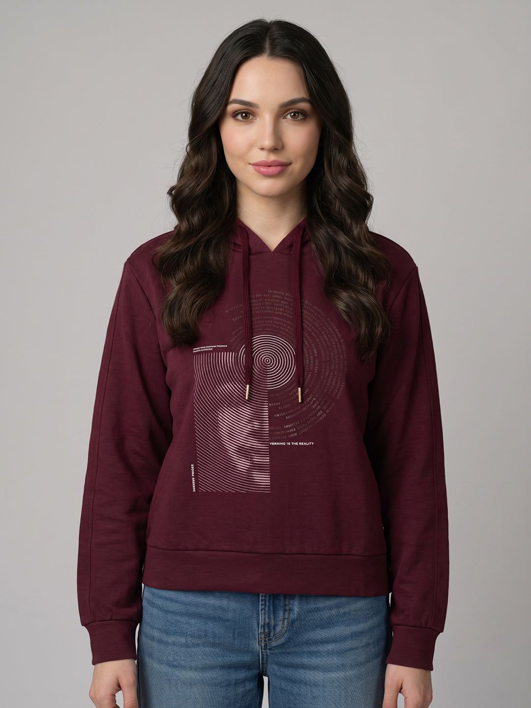 Women Maroon Self Design Hooded Full Sleeve Sweatshirt